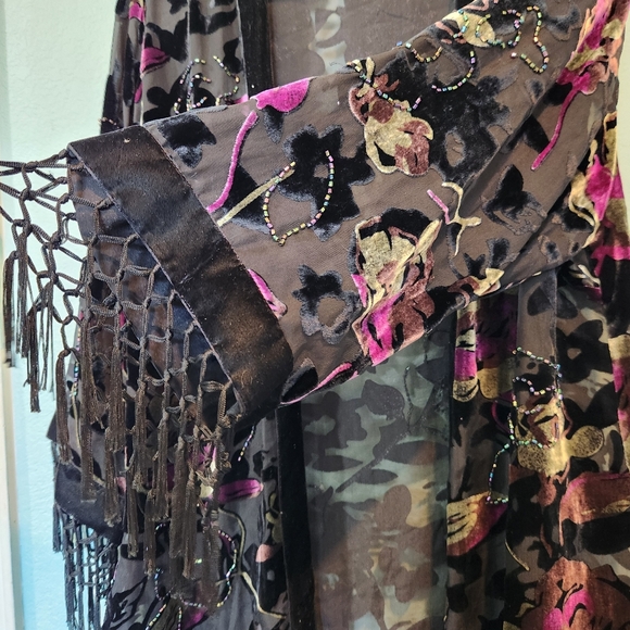 JR Nites Vtg Floral Shell Blouse Fringe Velvet Burnout Dark Fairy Whimsigoth L - Picture 6 of 13